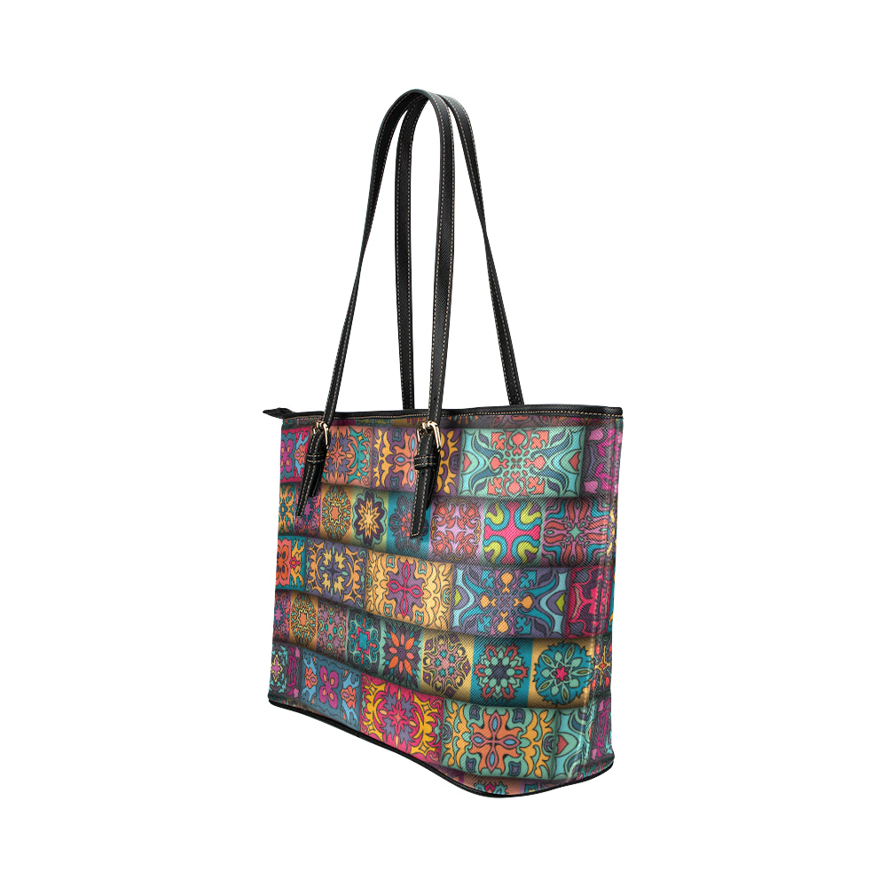Mandala Style Design Print Leather Tote Bag