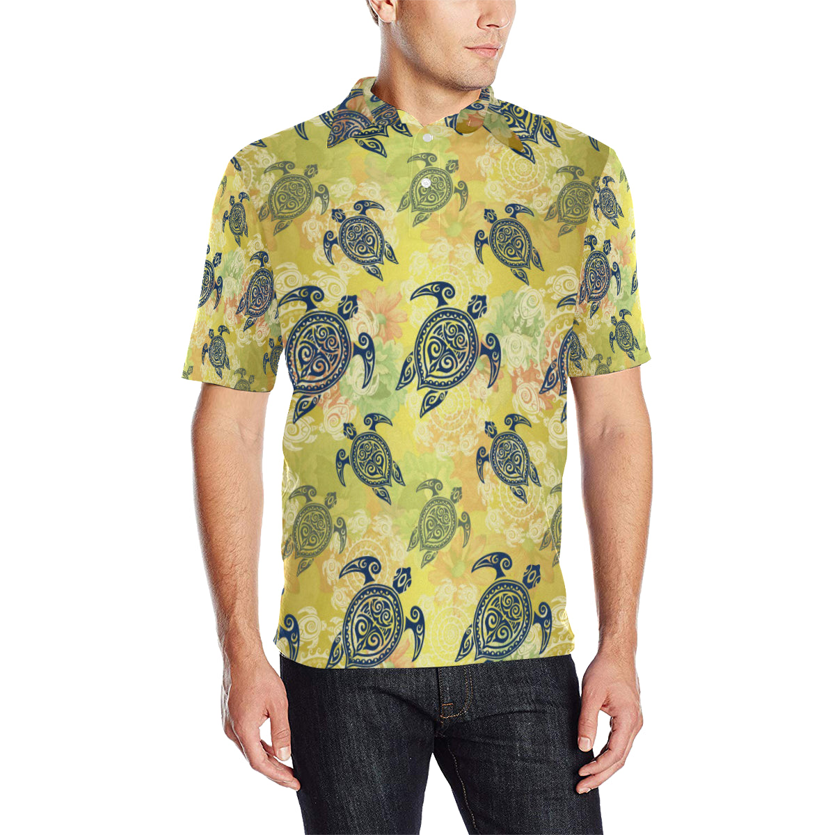 Hawaiian Turtle Tribal Design Print Men Polo Shirt