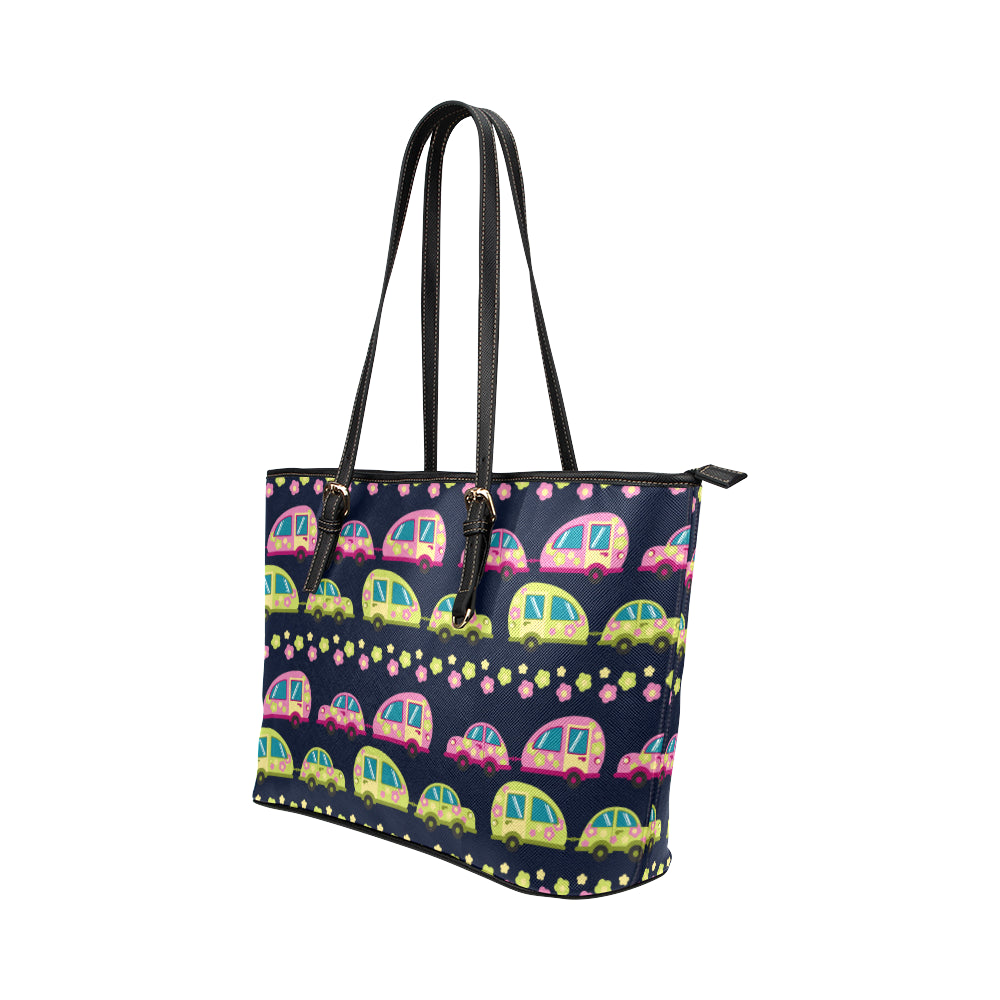 Camper Cute Camping Design No 3 Print Leather Tote Bag