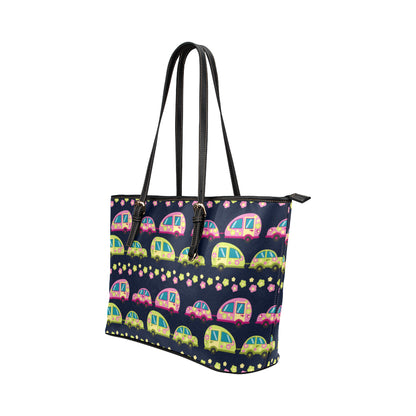 Camper Cute Camping Design No 3 Print Leather Tote Bag