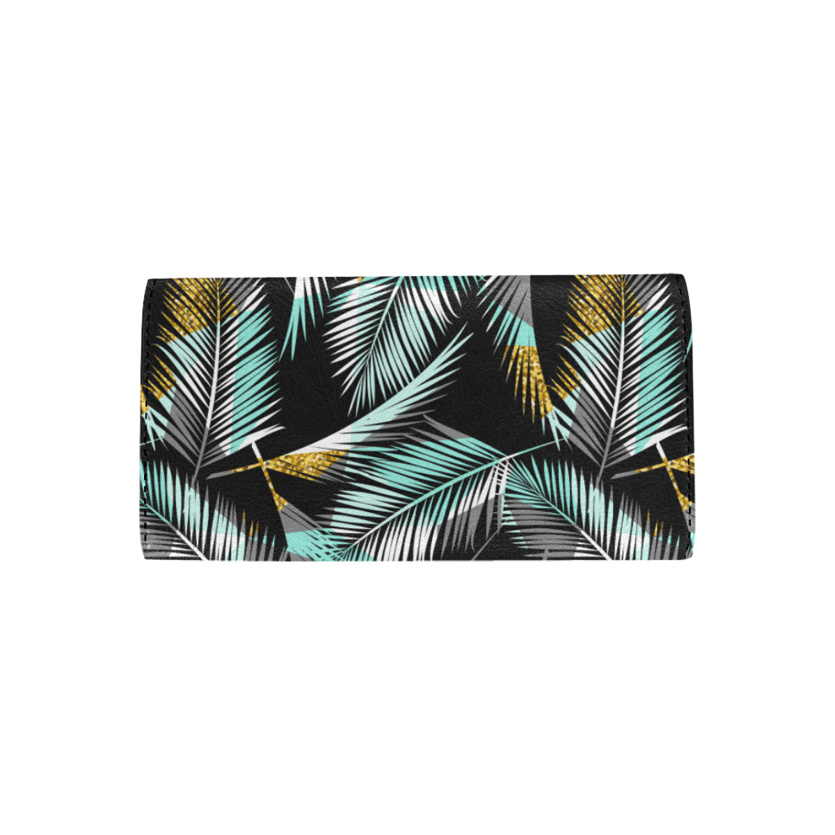 Gold Glitter Cyan Tropical Palm Leaves Women's Trifold Wallet