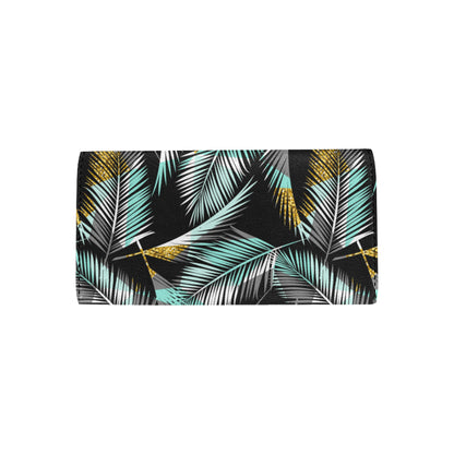 Gold Glitter Cyan Tropical Palm Leaves Women's Trifold Wallet