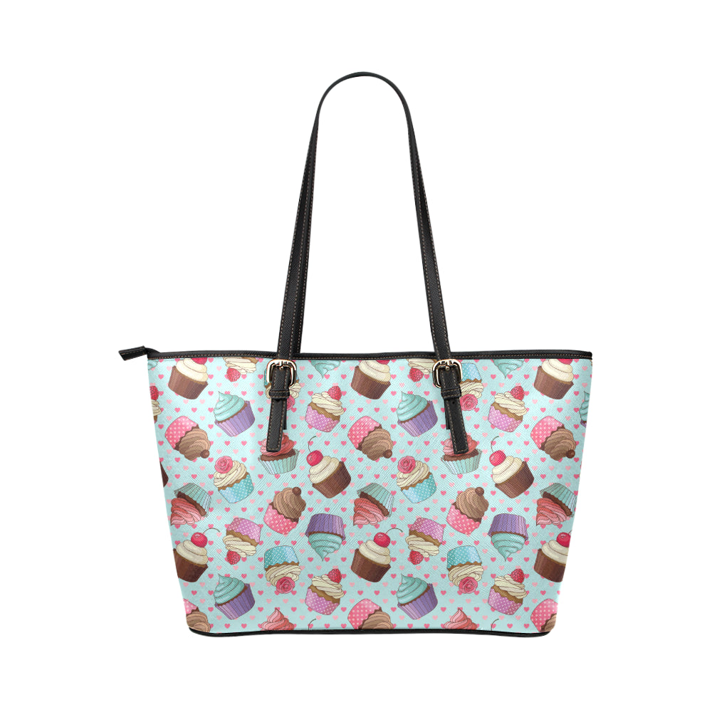 Cupcakes Fancy Heart Print Pattern Leather Tote Bag