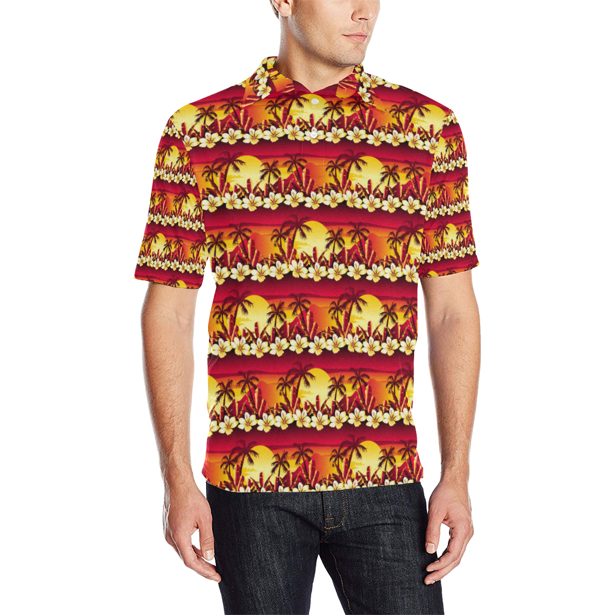 Hawaiian Tropical Sunset Hibiscus Print Men Polo Shirt