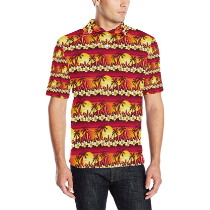 Hawaiian Tropical Sunset Hibiscus Print Men Polo Shirt