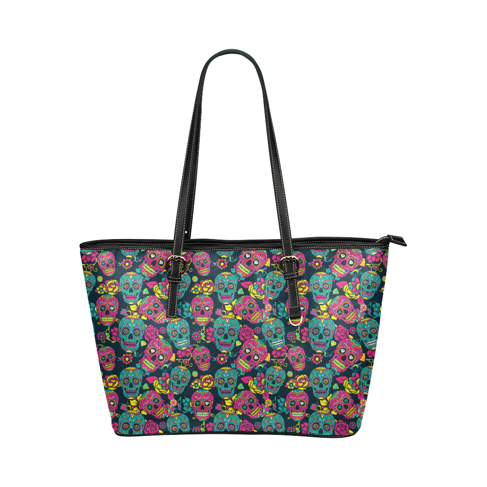 Sugar Skull Floral Design Themed Print Leather Tote Bag