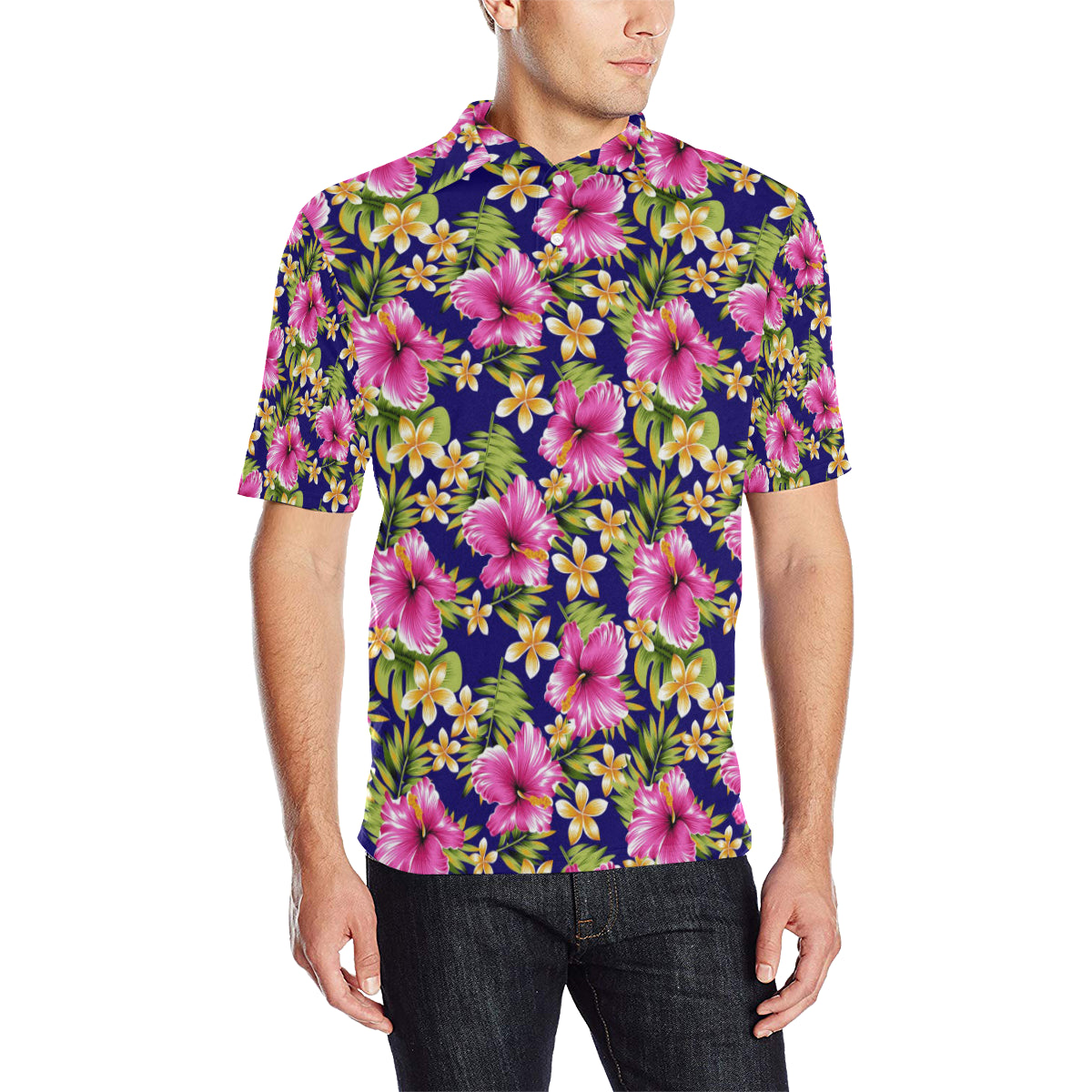 Pink Hibiscus Pattern Print Design HB027 Men Polo Shirt