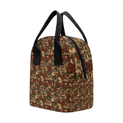 Skull Roses Vintage Design Themed Print Insulated Lunch Bag