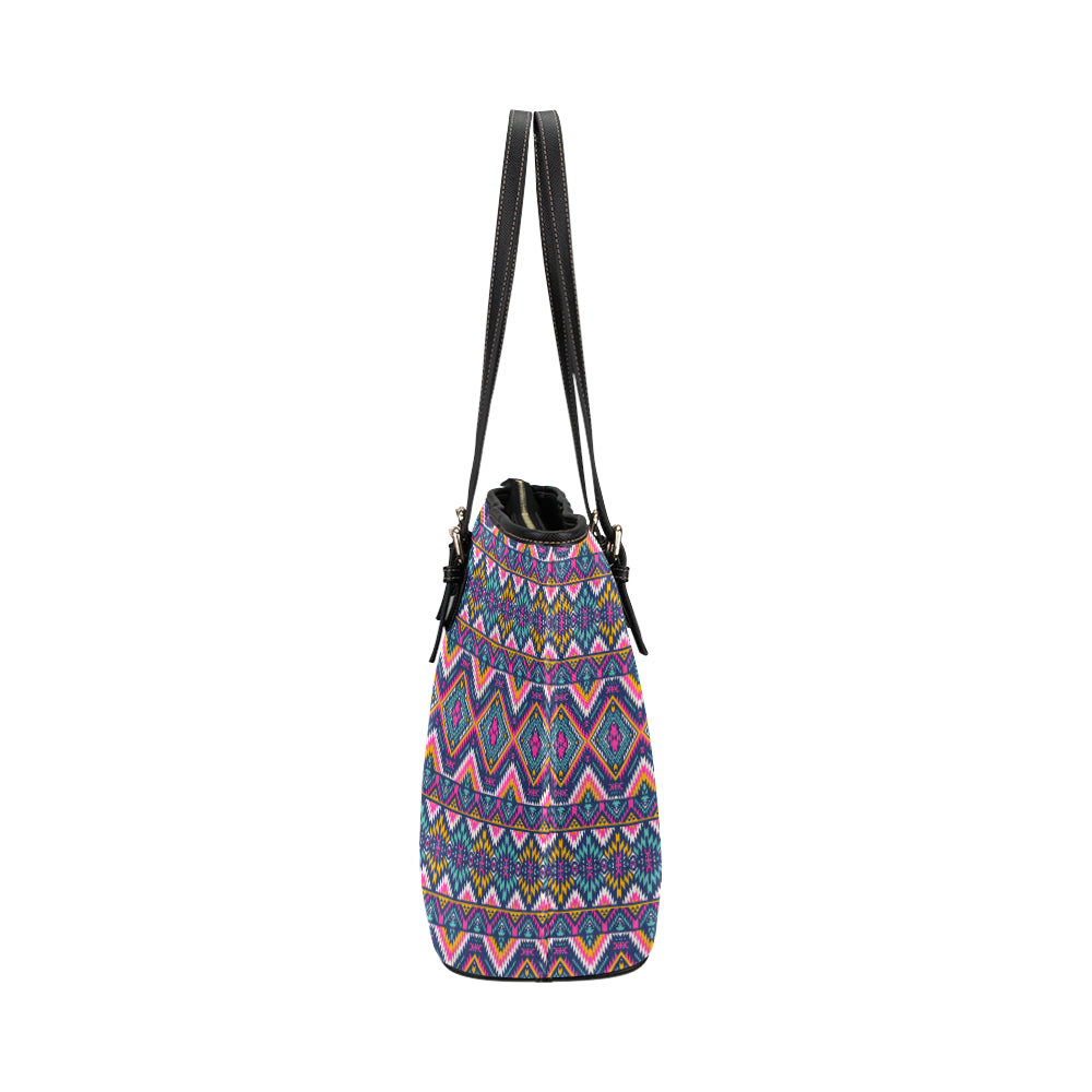 Indian Navajo Pink Themed Design Print Leather Tote Bag