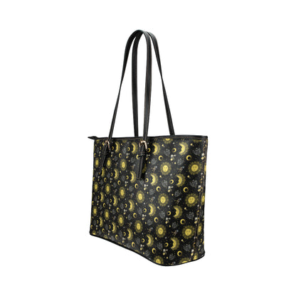 Sun Moon Golden Design Themed Print Leather Tote Bag