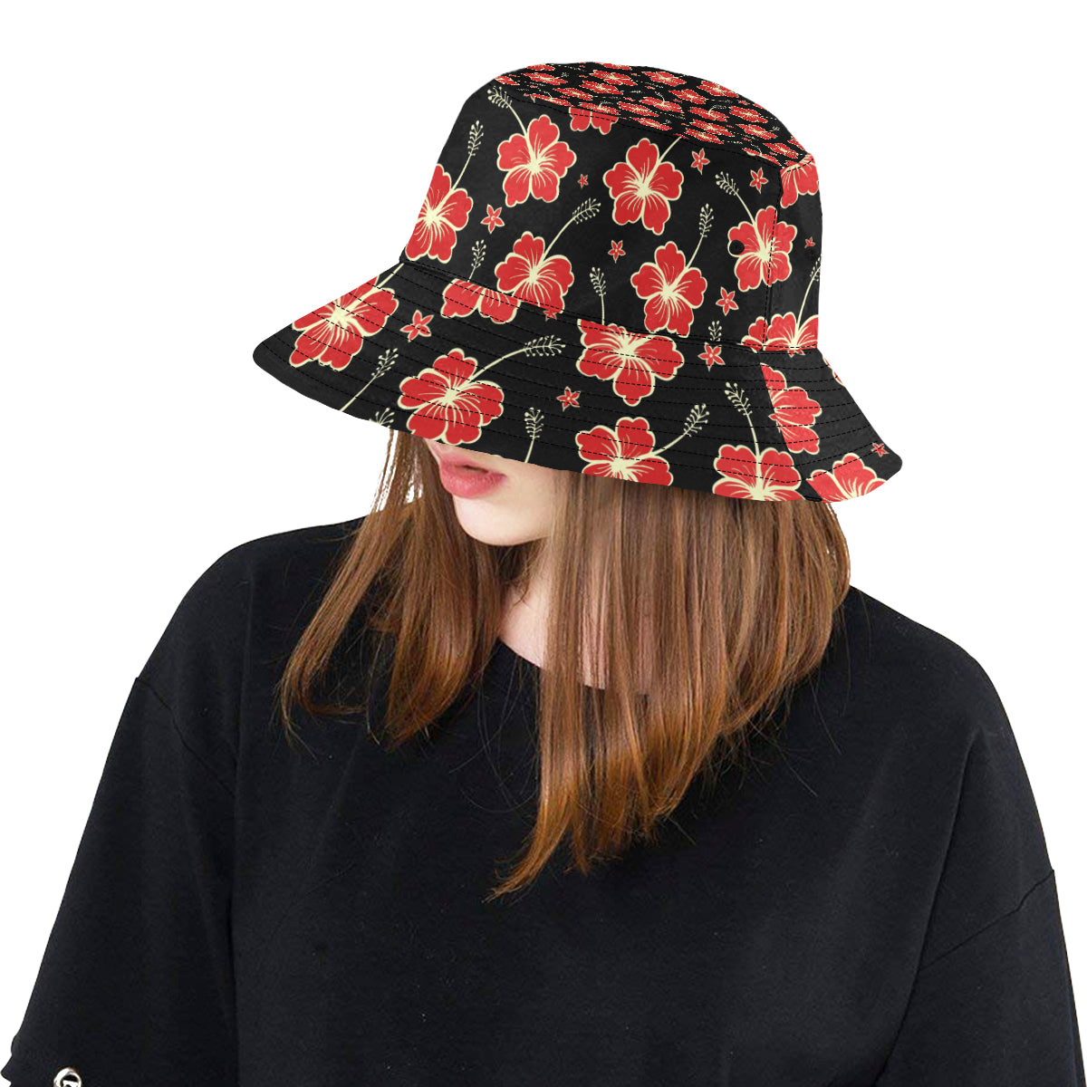 Red Hibiscus Pattern Print Design HB021 Unisex Bucket Hat