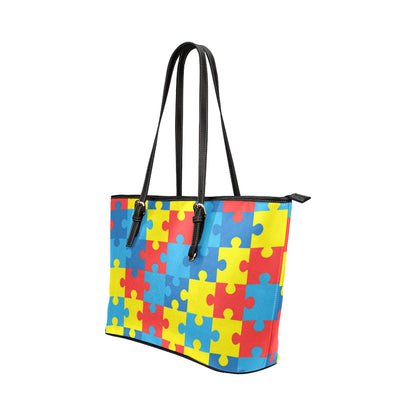Autism Awareness Puzzles Design Print Leather Tote Bag