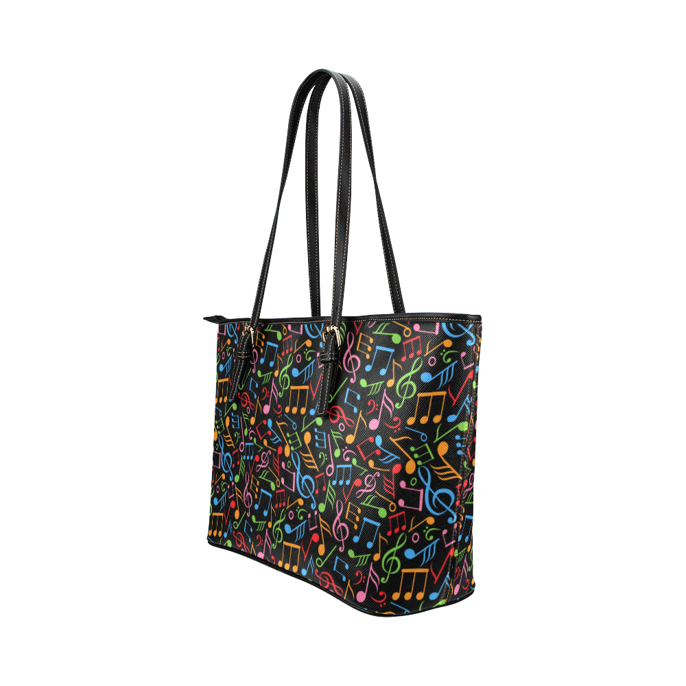 Music Note Colorful Themed Print Leather Tote Bag