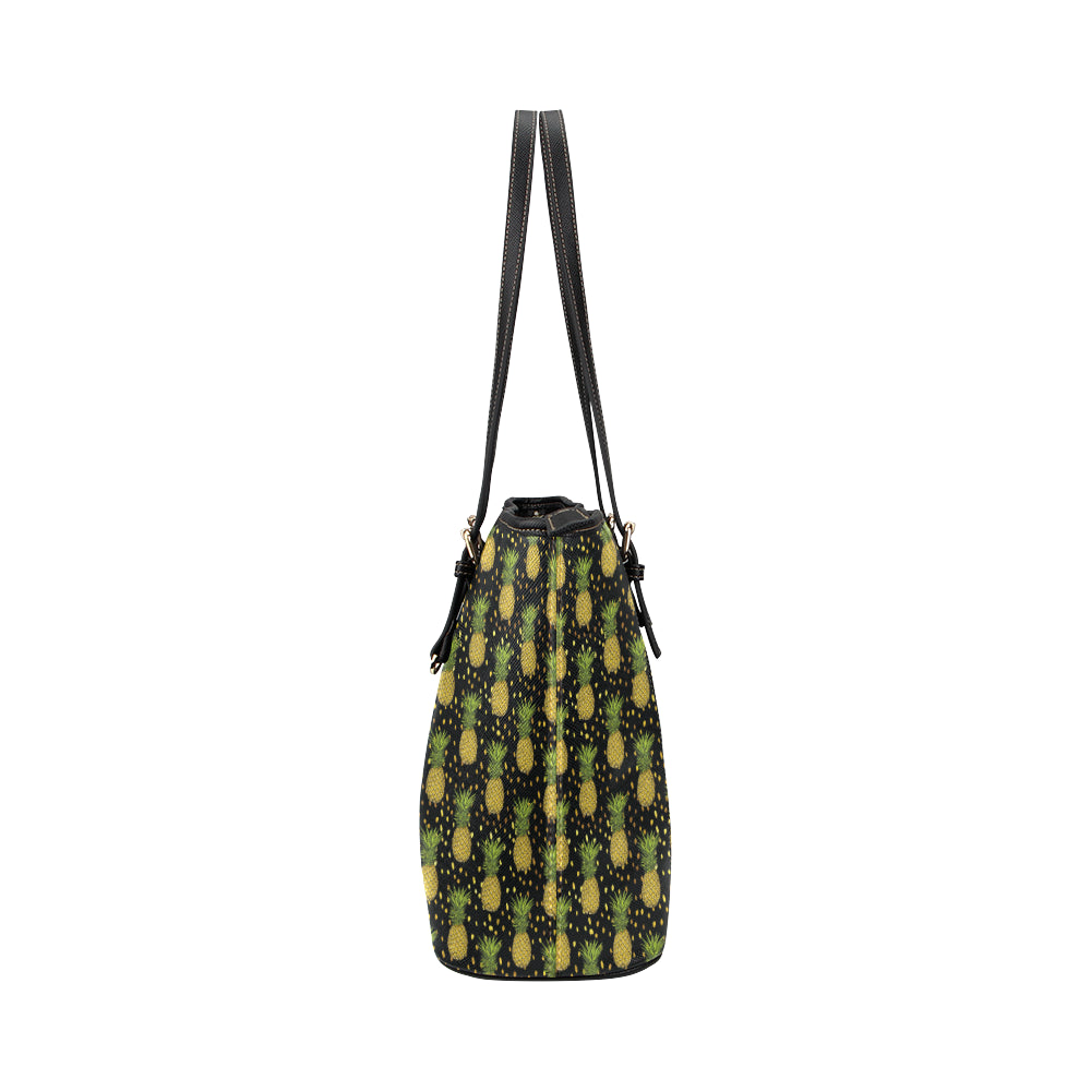 Pineapple Gold Dot Themed Print Leather Tote Bag