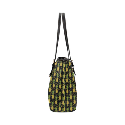 Pineapple Gold Dot Themed Print Leather Tote Bag