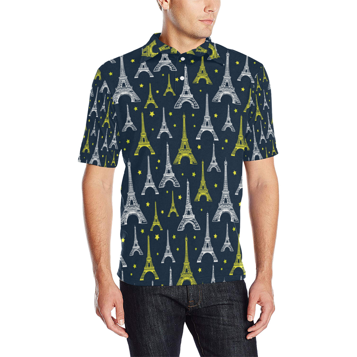 Eiffel Tower Star Print Men Polo Shirt