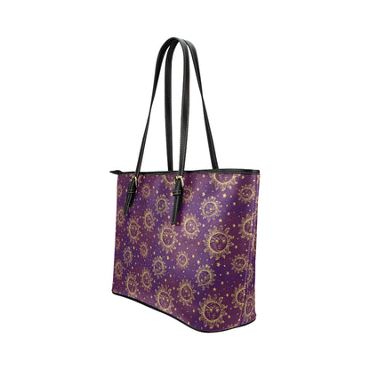 Sun Moon Star Design Themed Print Leather Tote Bag