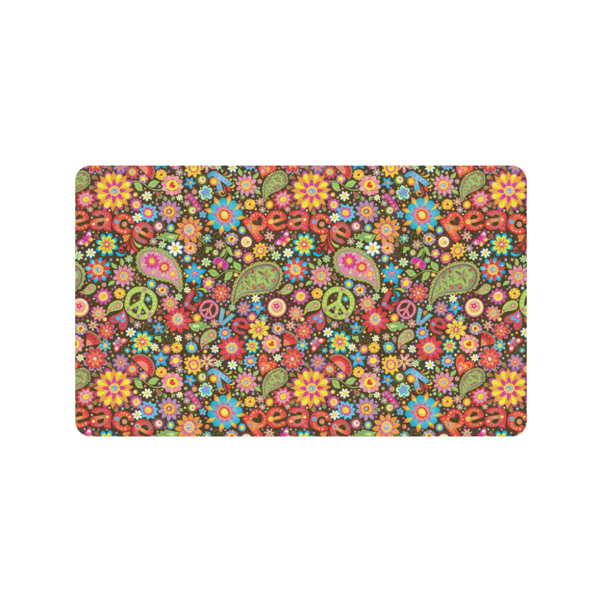 Flower Power Peace Paisley Themed Print Rubber Doormat