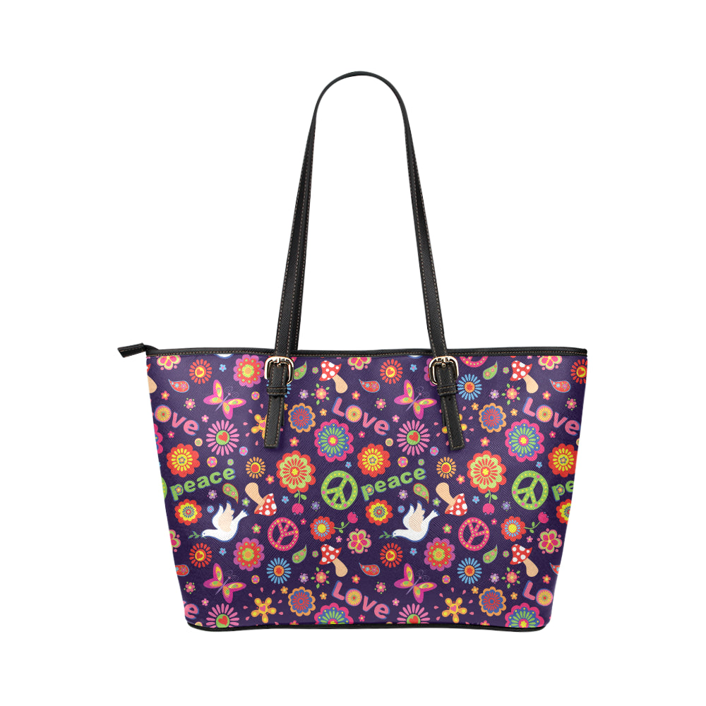 Flower Power Peace Design Print Leather Tote Bag