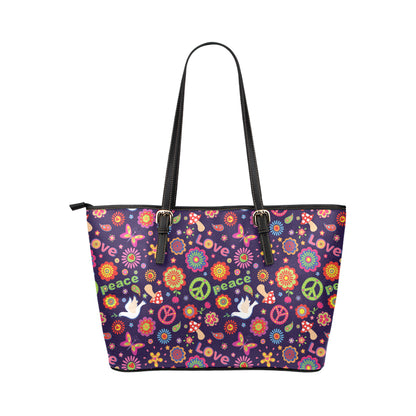 Flower Power Peace Design Print Leather Tote Bag