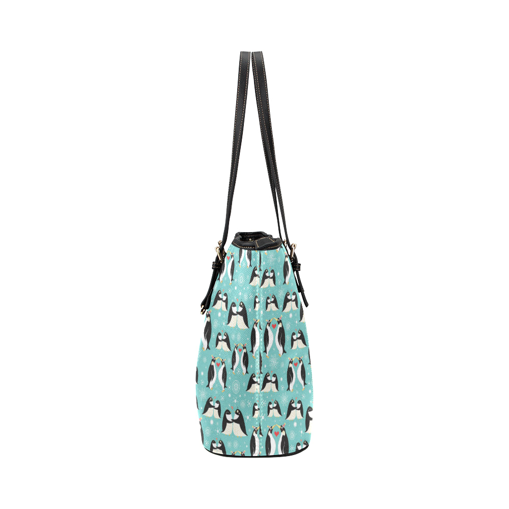 Penguin Love Print Leather Tote Bag