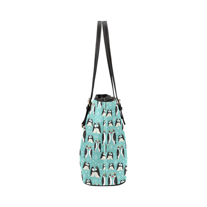 Penguin Love Print Leather Tote Bag
