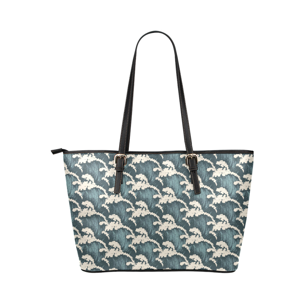 Wave Art Print Leather Tote Bag
