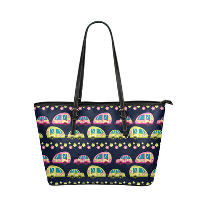 Camper Cute Camping Design No 3 Print Leather Tote Bag
