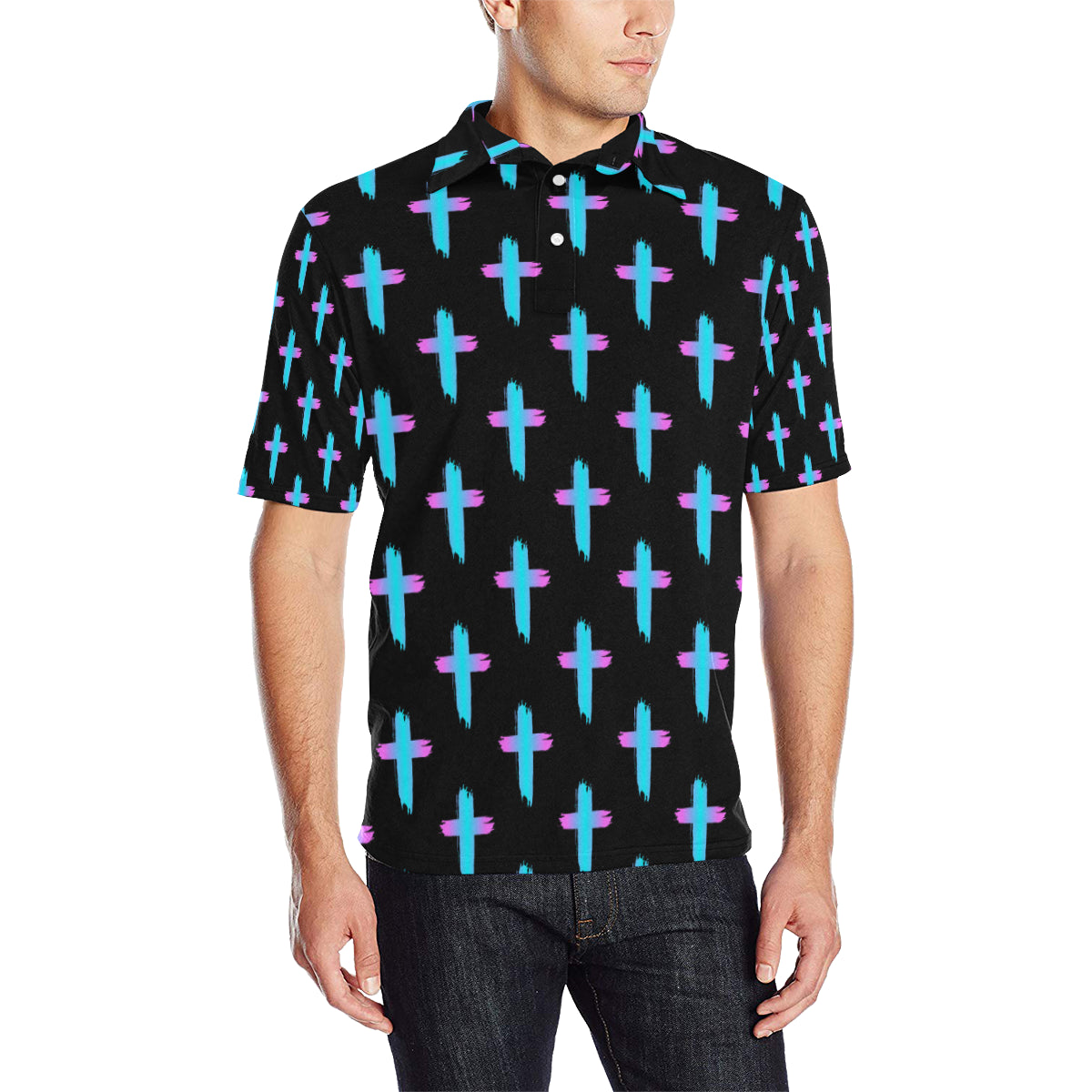Christian Cross neon Pattern Men Polo Shirt