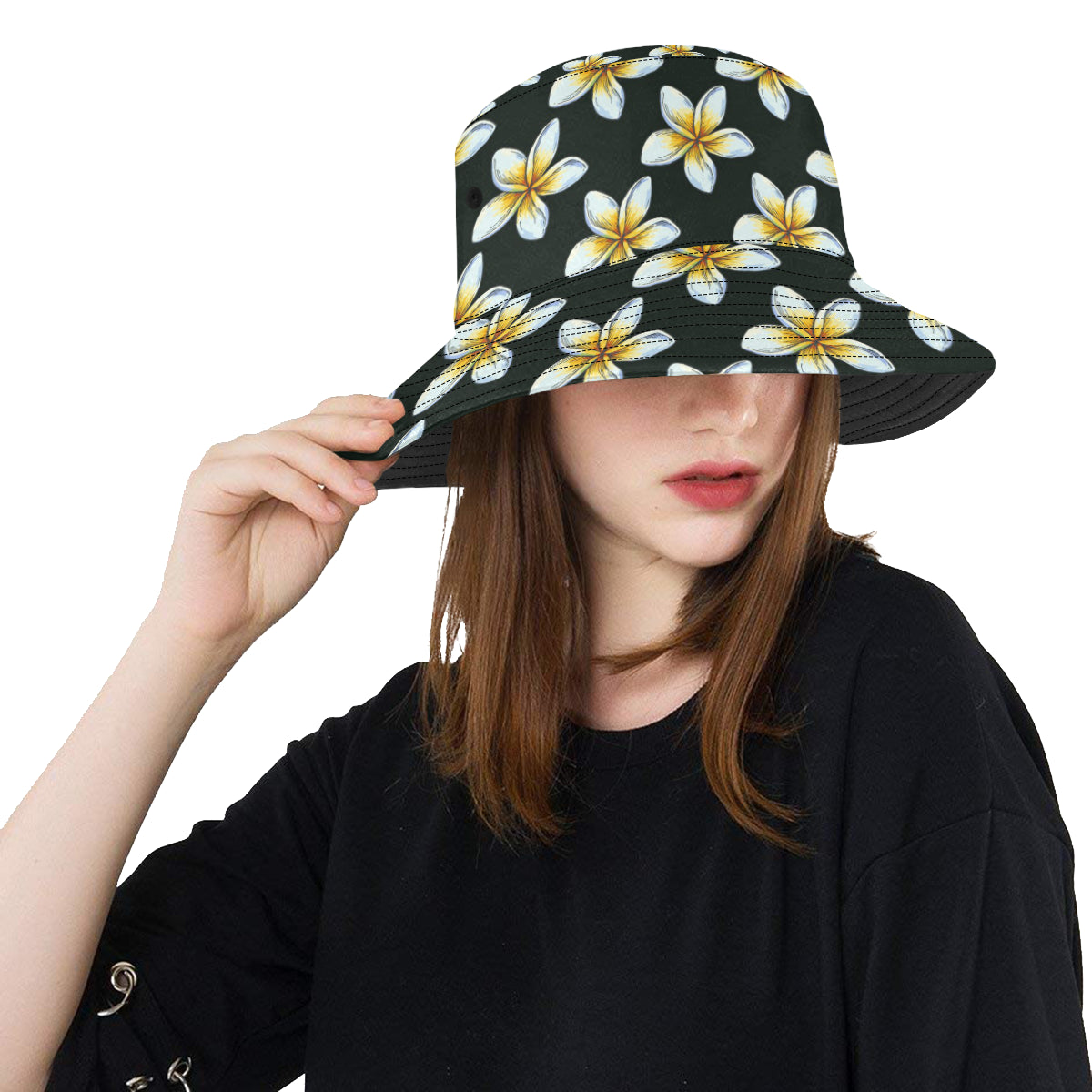 White Plumeria Pattern Print Design PM022 Unisex Bucket Hat