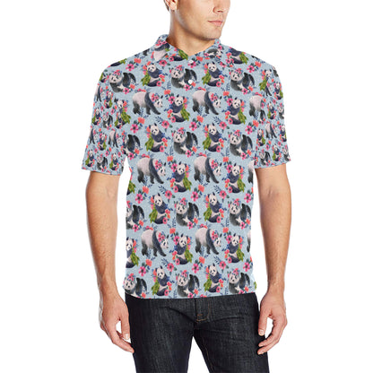 Panda Bear Flower Design Themed Print Men Polo Shirt