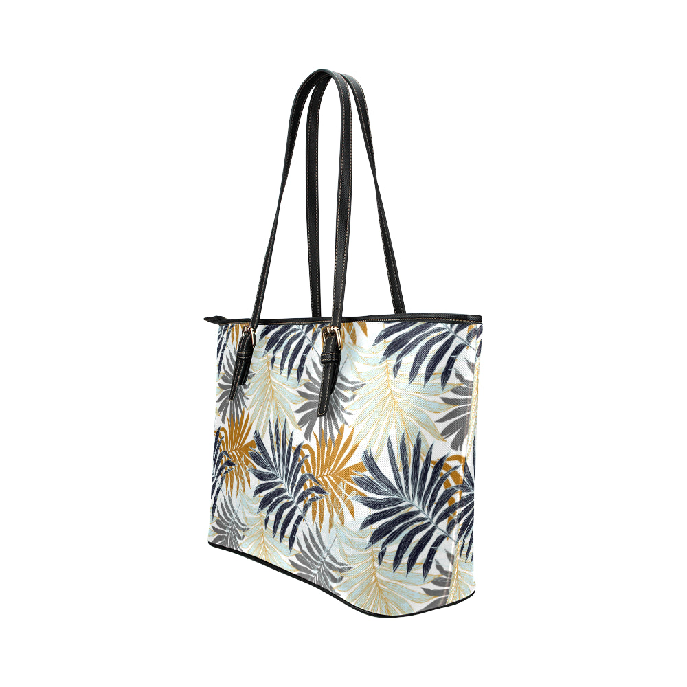 Colorful Tropical Palm Leaves Leather Tote Bag