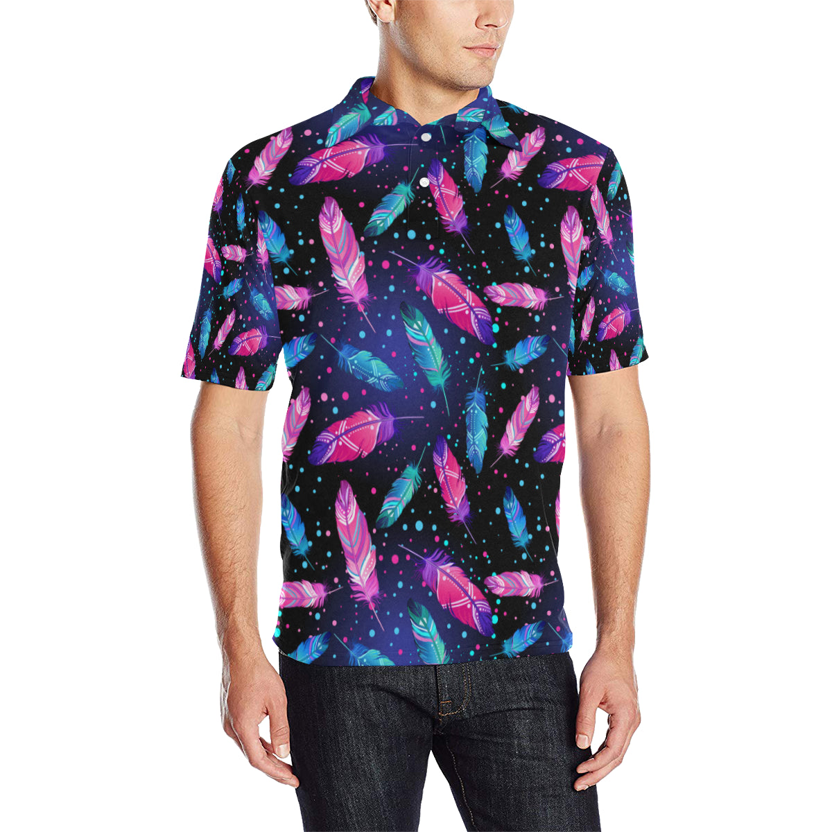 Feather Colorful Boho Design Print Men Polo Shirt