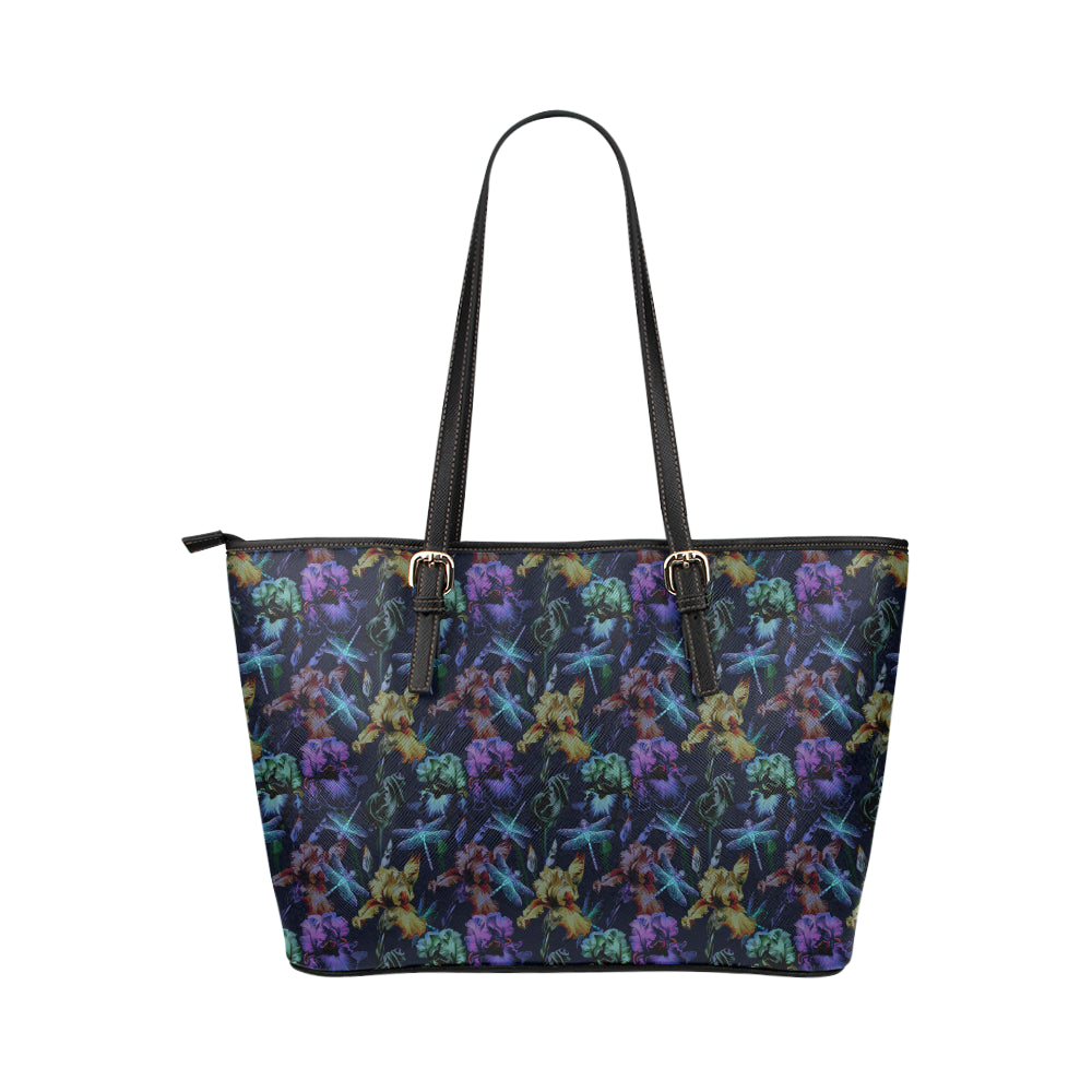 Dragonfly With Floral Print Pattern Leather Tote Bag