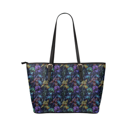 Dragonfly With Floral Print Pattern Leather Tote Bag