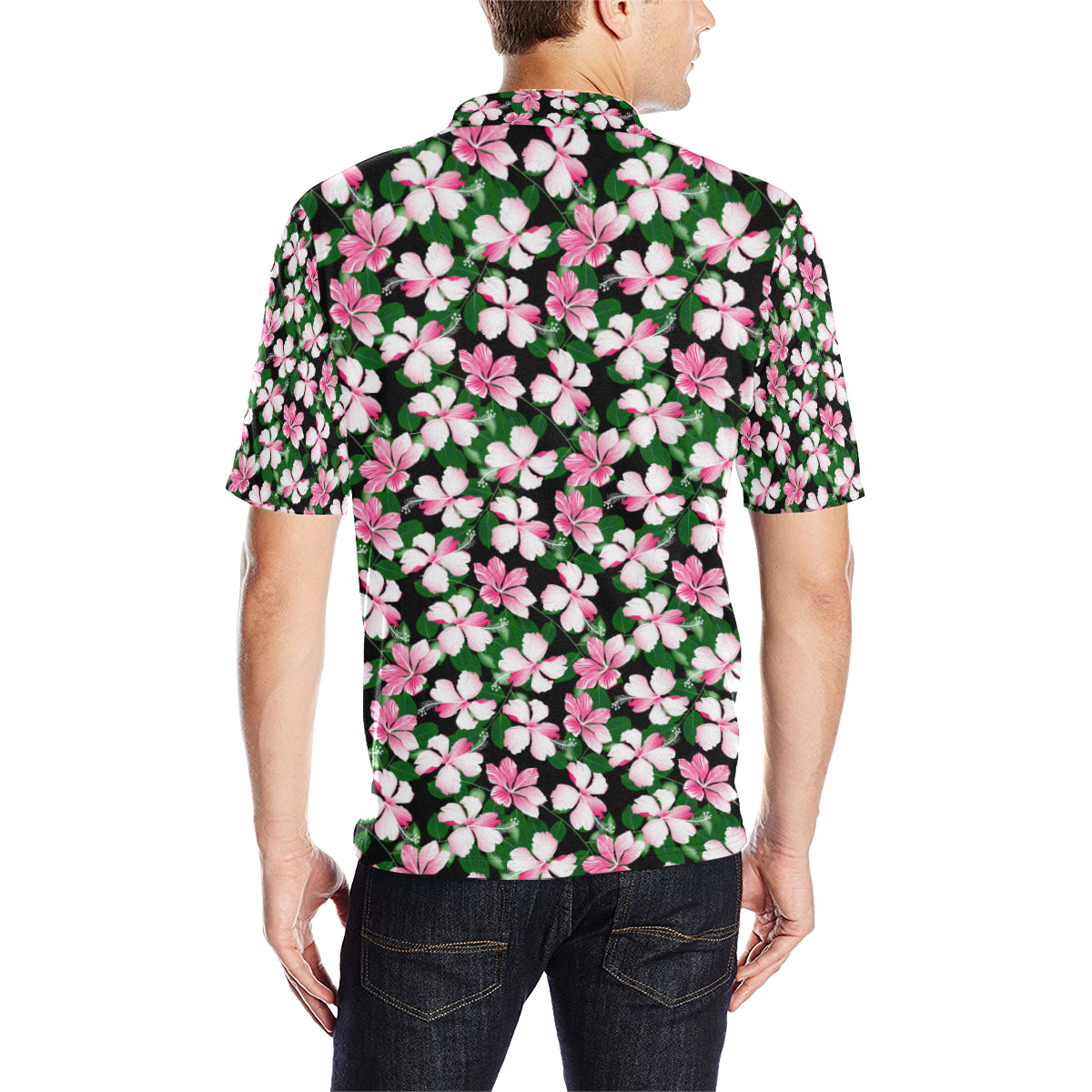 Hibiscus Pink Flower Hawaiian Print Men Polo Shirt