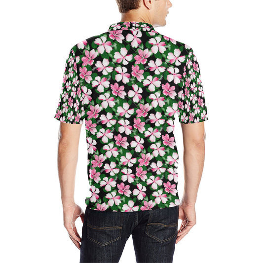 Hibiscus Pink Flower Hawaiian Print Men Polo Shirt