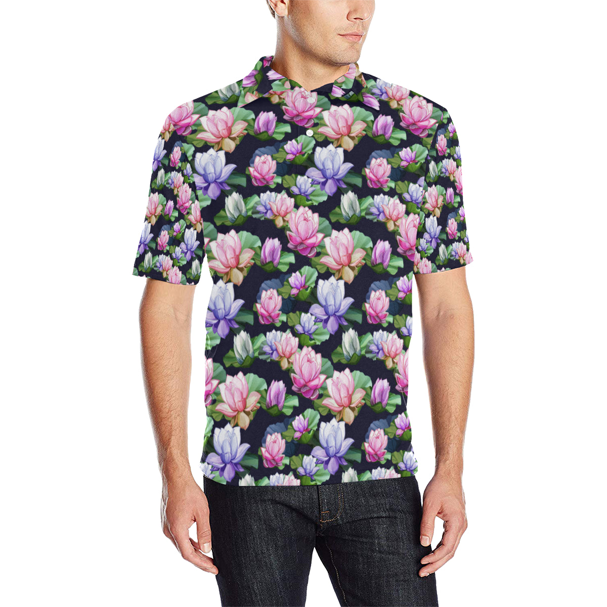 Lotus Flower Print Design Men Polo Shirt
