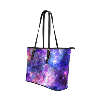 Galaxy Night Stardust Space Print Leather Tote Bag