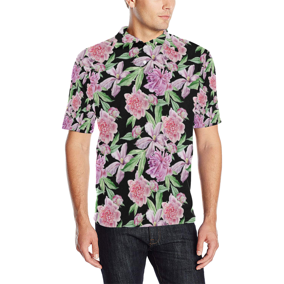 Peony Pattern Print Design PE08 Men Polo Shirt
