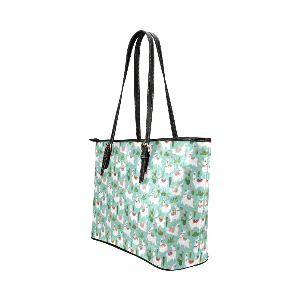 Llama with Cactus Themed Print Leather Tote Bag