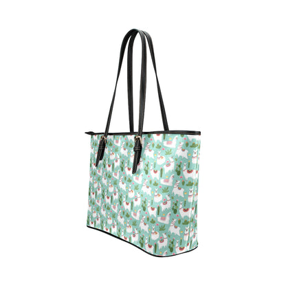 Llama with Cactus Themed Print Leather Tote Bag