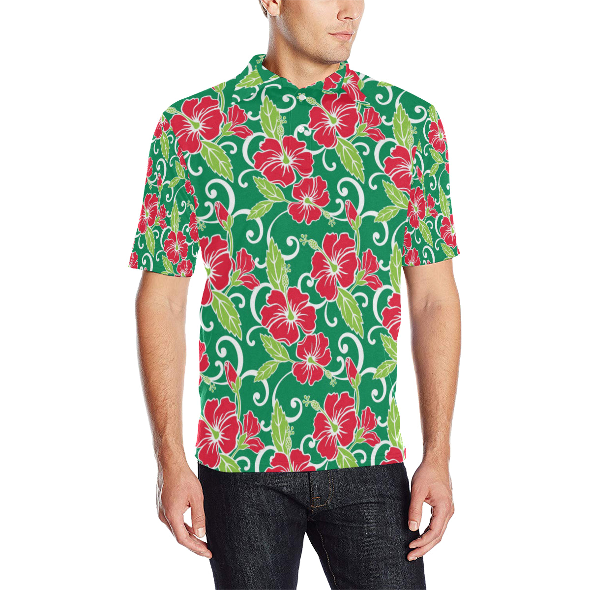 Red Hibiscus Pattern Print Design HB019 Men Polo Shirt