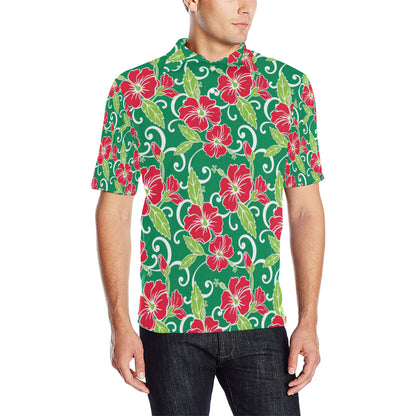 Red Hibiscus Pattern Print Design HB019 Men Polo Shirt