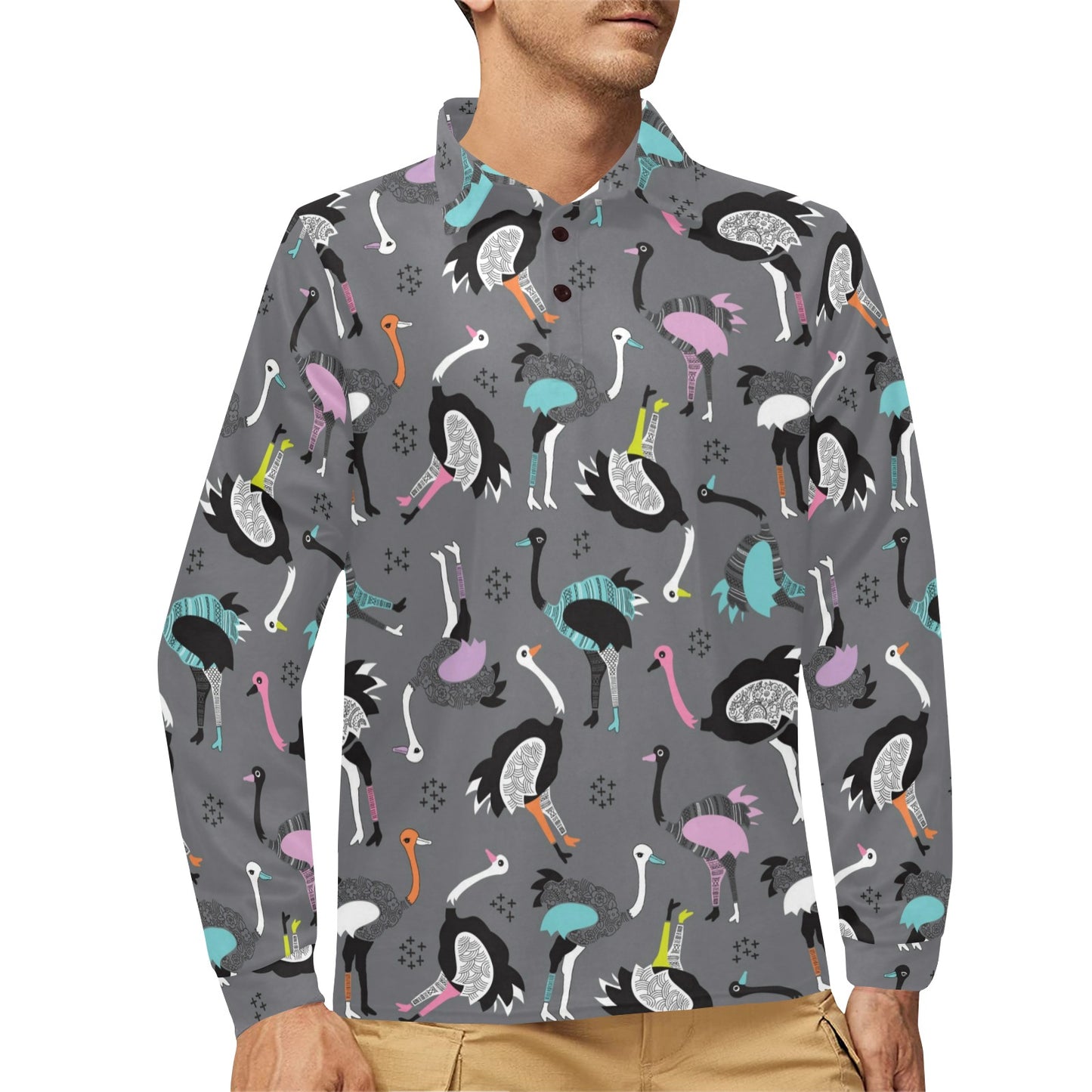 Ostrich Pattern Print Design 01 Long Sleeve Polo Shirt For Men's