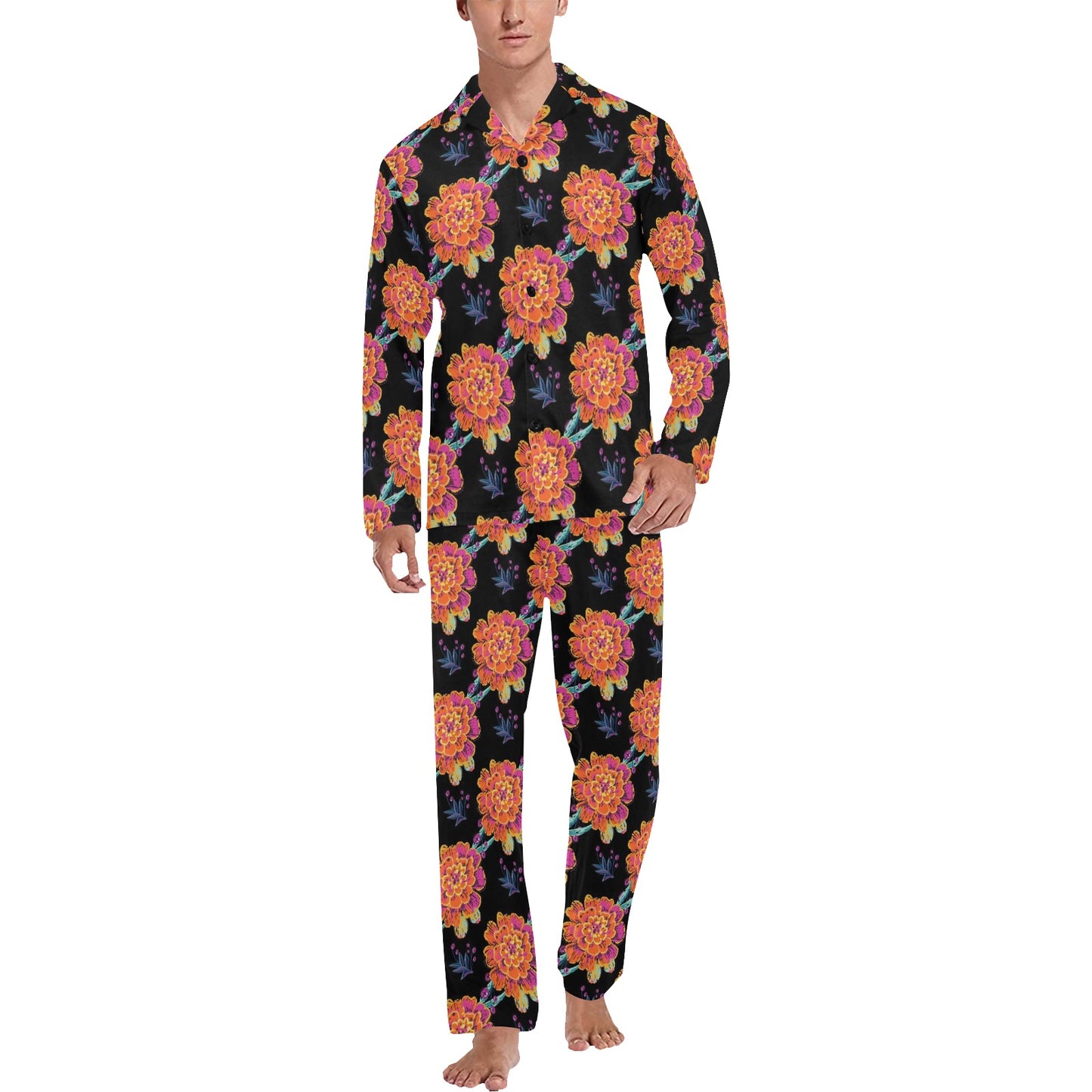 Marigold Pattern Print Design MR04 Men's Long Pajama Set