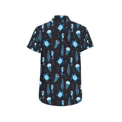 Sea Turtle Jelly Fish Sea Horse Print Design LKS3014 Men Short Sleeve Button Up Shirt