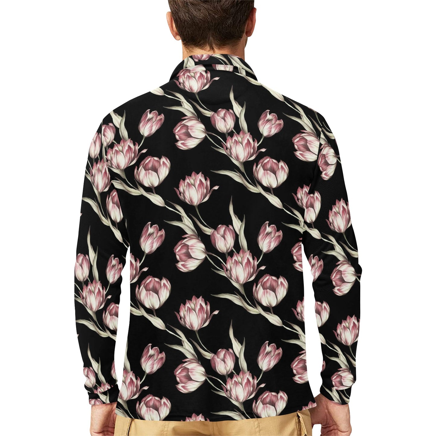 Tulip Pink Pattern Print Design TP02 Long Sleeve Polo Shirt For Men's