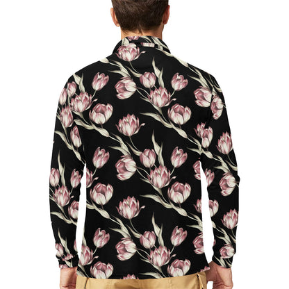 Tulip Pink Pattern Print Design TP02 Long Sleeve Polo Shirt For Men's