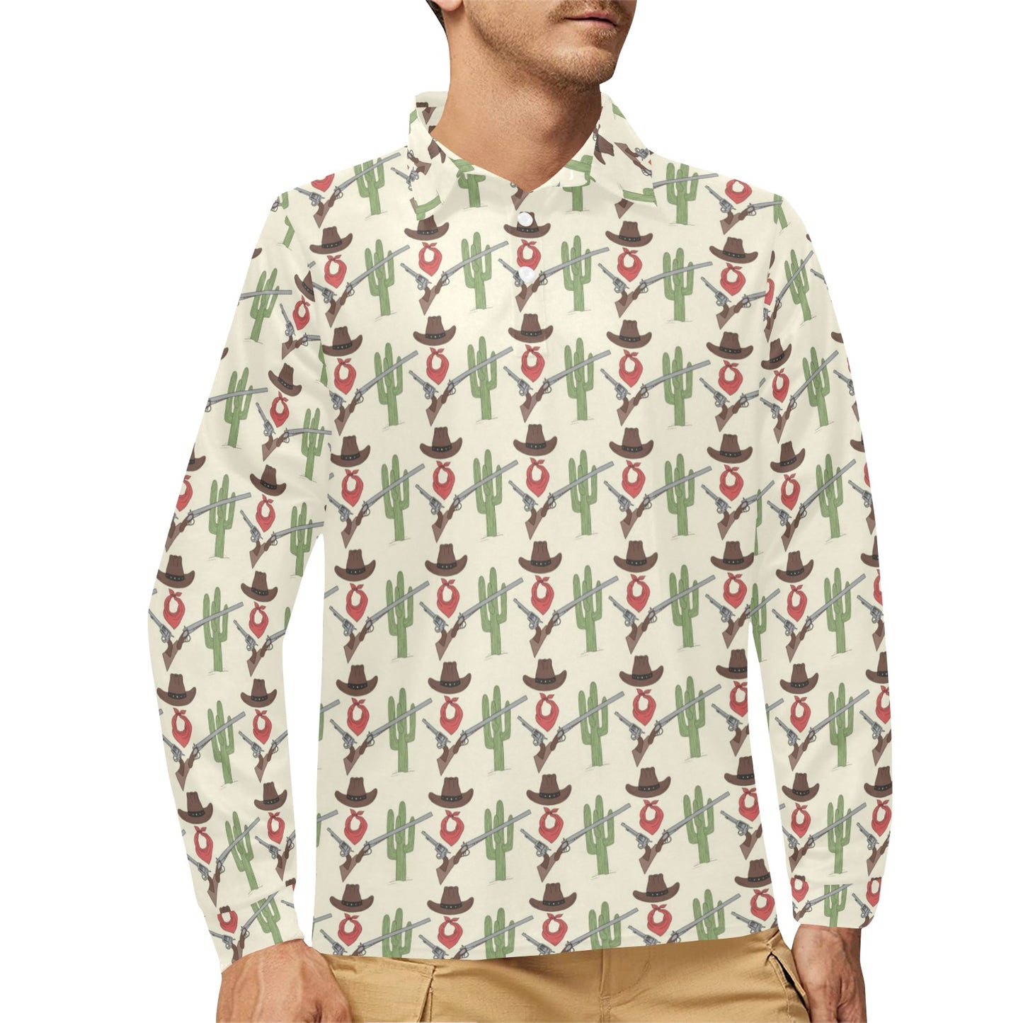 Western Cowboy Print Long Sleeve Polo Shirt For Men's